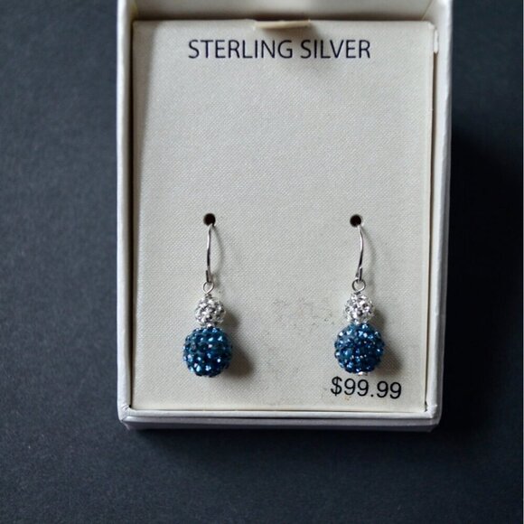 Sterling Silver Montana Blue White Pave Crystal Ball Earrings New - Picture 2 of 4